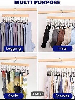 Wooden Multi-Pair Clip Hanger for Socks, Hats & Scarves – Neutral Mix